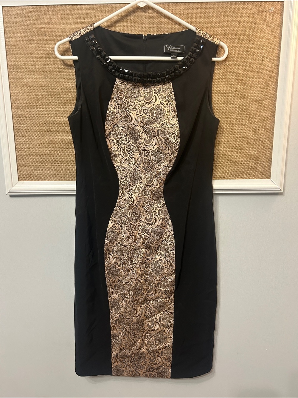dressbarn Black Dress with Gold Paisley Front Panel